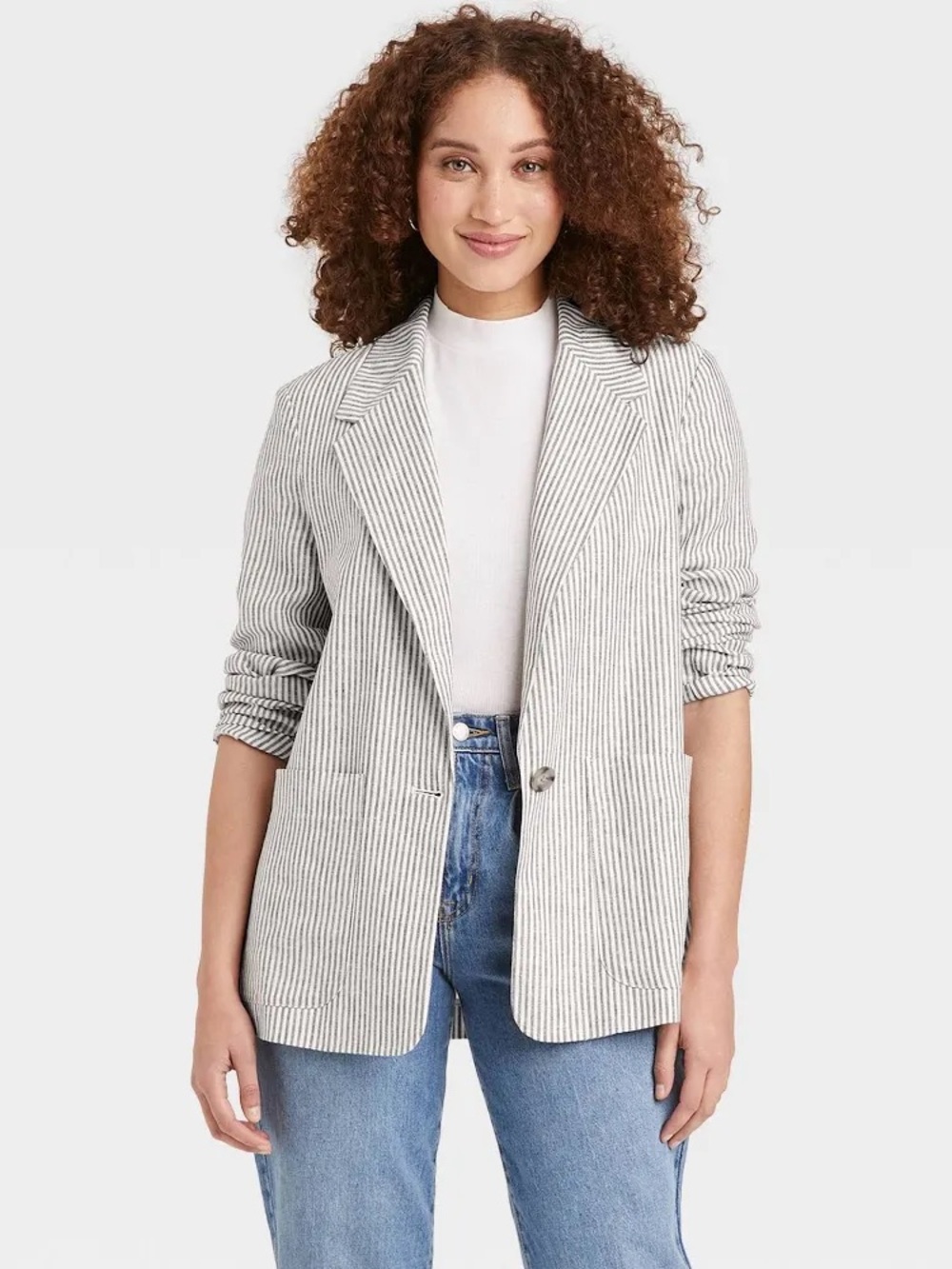 A New Day Striped Single-Button Blazer Linen Blend Blue Gray White M NWOT